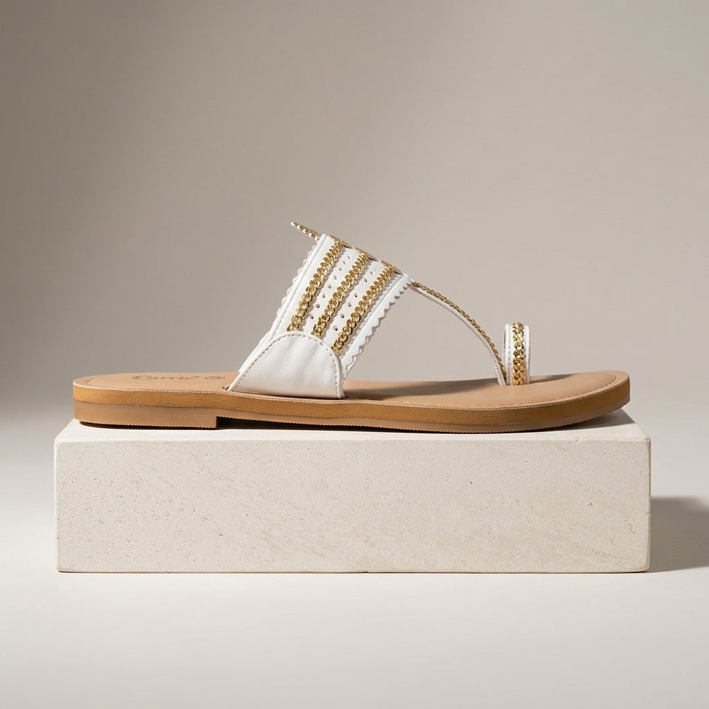 Women's Gold-Chain Flat Sandal - White