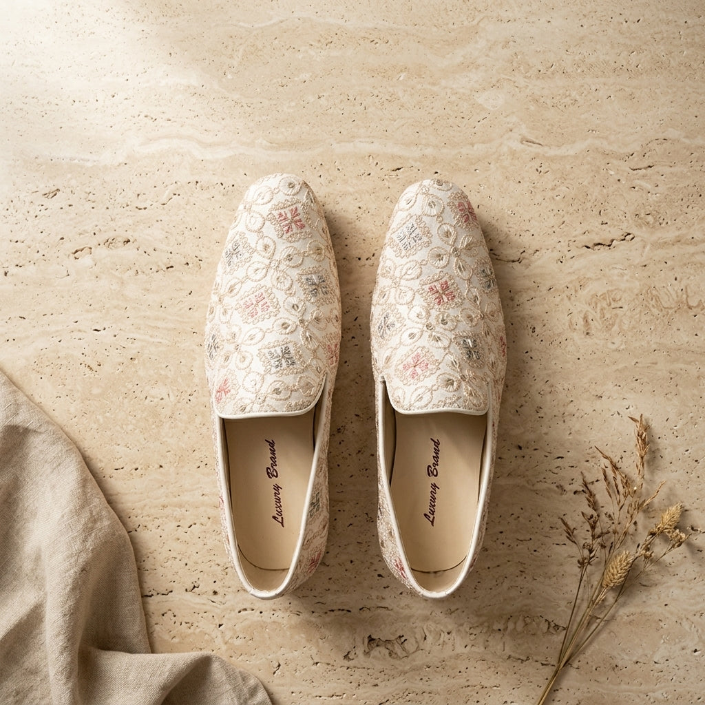 Men's Floral Embroidered Ethnic Loafer - White